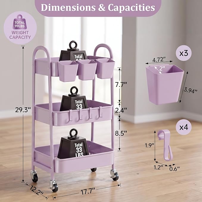 danpinera 3-Tier Rolling Cart, Utility Cart Mobile Metal Rolling Storage Cart with Lockable Wheels & Hanging Cups & Hooks for Kitchen, Bathroom, Office, Workshop, Purple