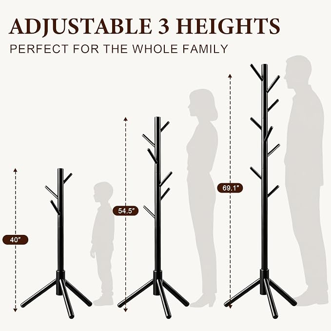 Wooden Coat Rack Freestanding with 8 Hooks & 3 Adjustable Sizes for Clothes, Space-Saving Design for Bedroom Office Entrance Holds Hats Coats Scarves Bags