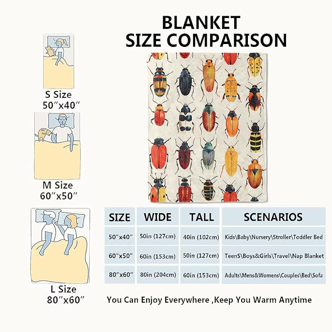 Beetle Blanket Colorful Insect Boho Throw Blankets,Gifts for Kids Adult Women Men,Lightweight Soft Fleece,Sofa Couch Bed Room Modern Apartment Decor 60x80in