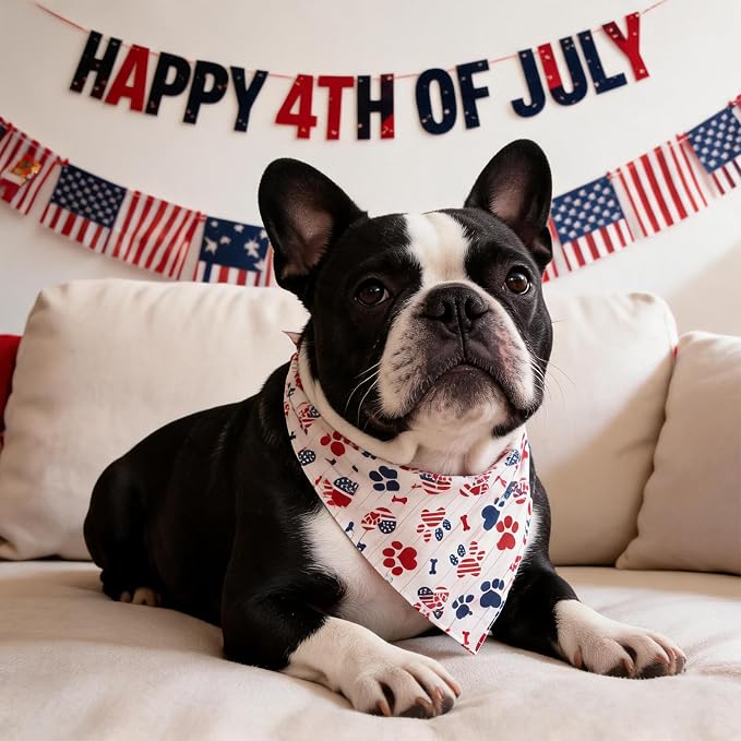 American Flag Dog Bandana,Patriotic Star-Spangled Paw Print Triangle Scarf,Adjustable Snap Button Pet Bib with American Flag Design,Giant Breeds 75lbs+