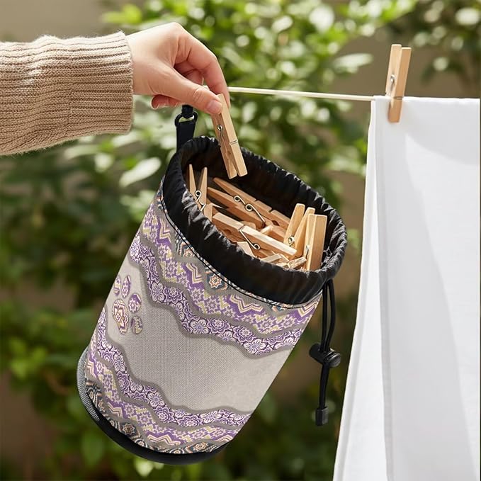 Laundry Clothespin Organizer Bag, Boho Pattern Dog Paw Drawstring Peg Storage Pouch with Hanging Loop, Portable Clips Holder for Drying Rack, Camping, Beach, Dorm