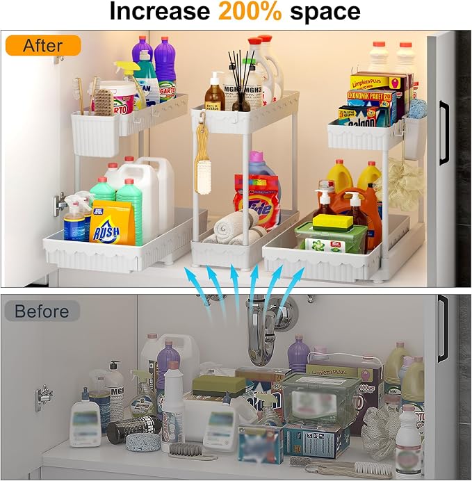 3-Pack 2-Tier L-Shaped Under Sink Organizers with Sliding Drawers | Multi-use kitchen & bathroom storage, 12.85 inch white cabinet organizer, space-saving sliding drawer design.