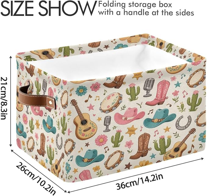 Kigai Storage Basket, Fabric Collapsible Closet Organizer Bin | Western Print Waterproof Foldable Canvas Basket with Handles for Shelves, Nursery, Closet, Bedroom & Bathroom