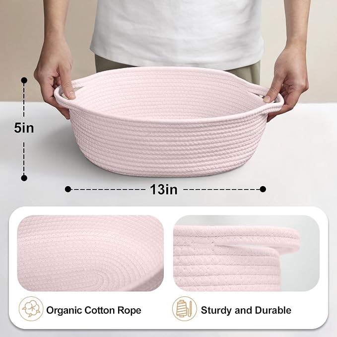 Pink Small Woven Basket, 13” x 9” x 5” Baskets for Gifts Empty, Cotton Rope Gift Basket, Cute Nursery Baby Organizer, Cat Dog Toy Bin Box, Wicker Storage Bin with Handle