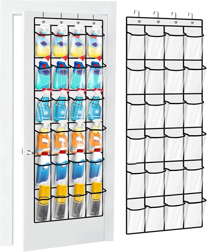Clear Cleaning Supplies Organizer,Cleaning Products 24 Large Pockets | Over The Door All Purpose Cleaner Holder for Laundry Bathroom, Auto Glass Cleaner Organizer for Garage,Spray Bottle Holder