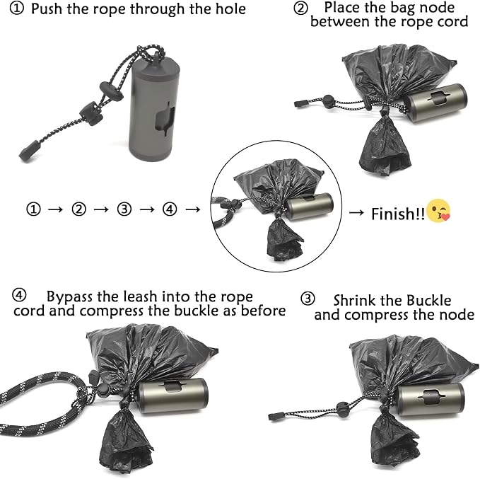 YUCHIYA Aluminum Dog Poop Bags Holder with Carabiner Metal Pet Waste Bags Dispenser with Hook and Loop Fastener and Elastic Cord to Carry Used Bags (Olive Green, 1 Holder 15 Bags)
