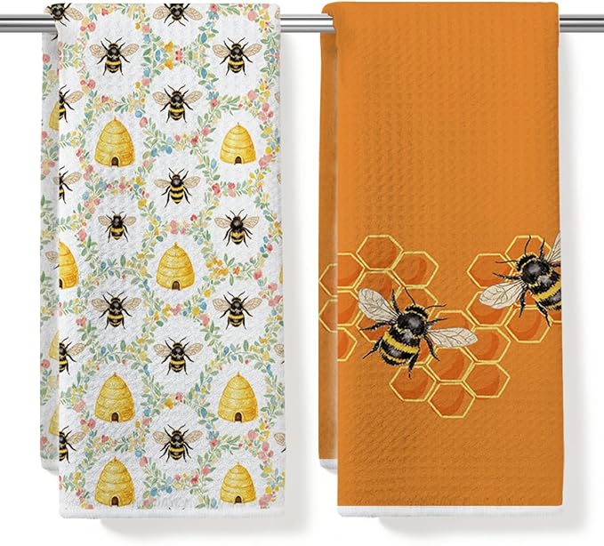 2PCS Bee Honeycomb Kitchen Towels 14x24 Inch, Absorbent Microfiber Decorative Dish Cloth Tea Towel, Bee Flower Waffle Hand Towels for Kitchen Home Bathroom, Bee Lover Gifts for Women