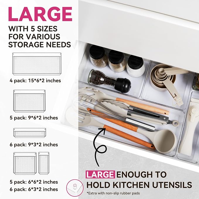 Large Drawer Organizer Bins 26 Pack | Complete 5 Size Clear Plastic Kitchen Drawer Organizers for Utensils | Bathroom Drawer Organizer Trays | Versatile for Makeup Office Organization