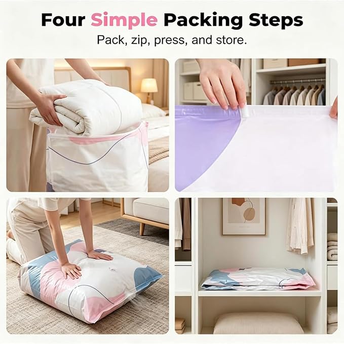 No‑pump Vacuum Storage Bags 3-Sec Fast Compression, Large Capacity Vacuum Bags No Pump Needed, 3D Compression Bags For Storage, Press & Seal Reusable, Space-Saving (3pcs M)