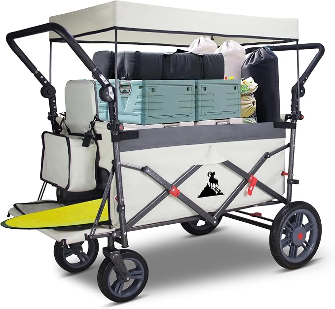 Foldable Wagon with Canopy - Collapsible Utility Cart with 2 Seats & Belts, Adjustable Handle, Expandable Front for Camping, Picnic, Shopping (Beige/Grey)