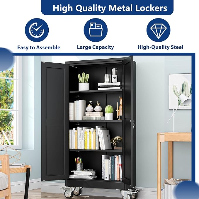 Ckzbx Metal Garage Storage Cabinet with Locking Doors and Adjustable Shelves,61" H Rolling Tool Storage with Wheels for Garage,Office (Black)