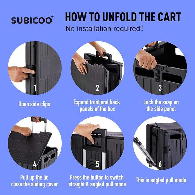 SUBICOO Folding Utility Cart Portable Rolling Crate Handcart Shopping Trolley Collapsible Tool Box, with Lid, on 4 Rotate Wheels, for Grocery, Shopping, Office, Teacher, Camp(Black)