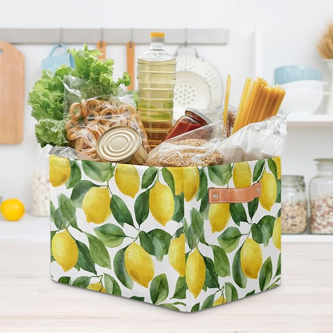 SEULIFE Watercolor Lemon Tree Leaves Foldable Storage Basket, Large Collapsible Organizer Storage Bin Cube Toys Storage Boxes with Handles for Bathroom Kids Nursery Closet Storage, 2 Pack