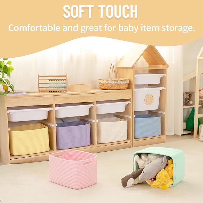 4 Pack Storage Baskets for Organizing Toys, Towels, and Clothes, Woven Basket for Shelves, Sturdy Nursery Cube Bins for Storage, 13''L x9''W x7.8''H, Blue