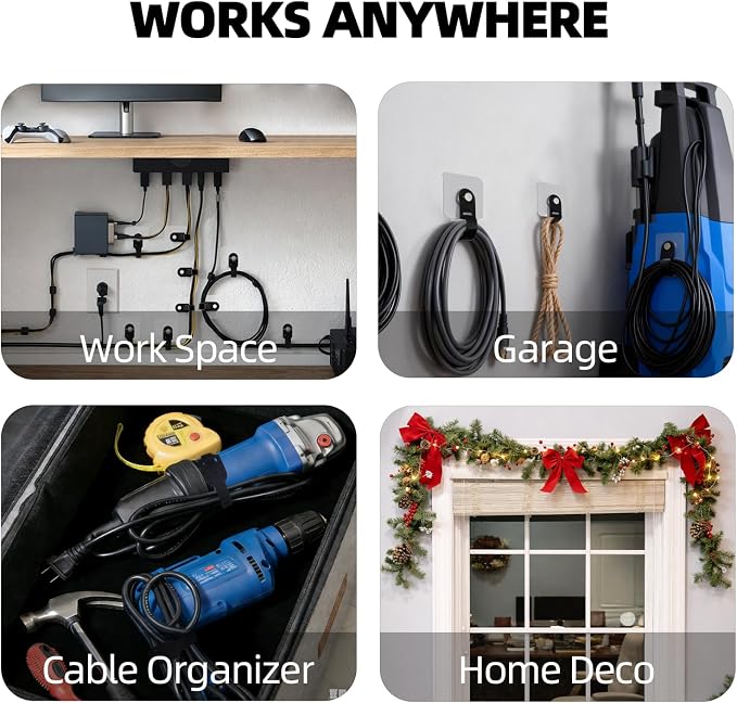 Cable Organizer - Keep Cord Bundles Out of the Way and Easy to Access | 12 Strong Adhesive Hooks + 12 Adjustable Hook-and-Loop Straps, Clear Mounts & No-Drill Setup