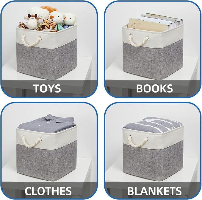 Temary Fabric Baskets 13 Inch Cube Storage Baskets with Rope Handle, Storage Cube Bins Clothes Basket for Gift, Large Storage Bins for Storage Books, Blankets (White&Gray)
