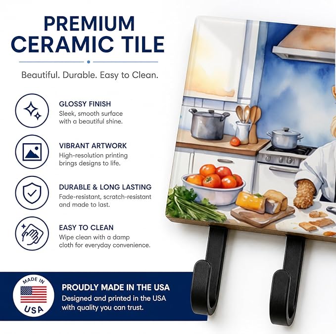 Caroline's Treasures Lakeland Terrier The Chef Leash or Key Holder Wall Hooks, Key Hooks Holder, Coat Rack Wall Mount, Coat Hooks, Hooks for Hanging Keys, Towels, Aprons, Leashes | Lakeland Terrier The Chef artwork on ceramic tile with three steel hook...