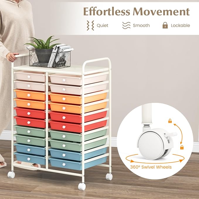 20 Drawer Rolling Storage Cart, Art Cart Organizer with Wheels for Makeup, Tool, Paper, Multipurpose Craft Storage Cart with Drawers for Office, Home, Classroom, School (Macaron Color)