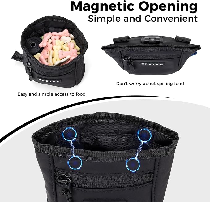 Dog Treat Pouch, Powerful Magnet Closure Device Dog Training Treat Bag Large Capacity Pet Treat Pouch with Poop Bag Dispenser Treat Bag for Dog Training with Metal Waistband Clip (Black)