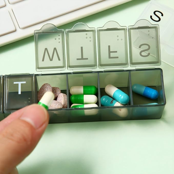 4 Pack Weekly (7-Day) Pill Organizer, 7 Days Pill Case Travel Daily Pill Box Portable Medicine Organizer and Planner with Compartment for Vitamins, Fish Oil, Supplements and Medication (4, Color)