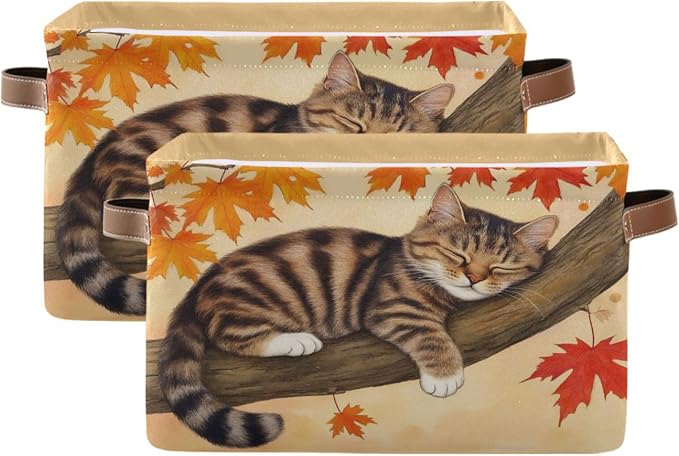 Wamika Fall Cat Kitty Storage Basket with Waterproof Liner and PU Handles Autumn Maple Leaves Storage Bins Boxes 14.2" Collapsible Decorative Organizer Baskets for Bedroom Closet Office 2 Pack