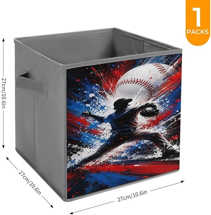 Baseball Player Pitching Action Art Storage Bin with Handles, Oxford Fabric Foldable Storage Cube Organizer for Clothes, Towels, Bedroom, Living Room, Home Organization