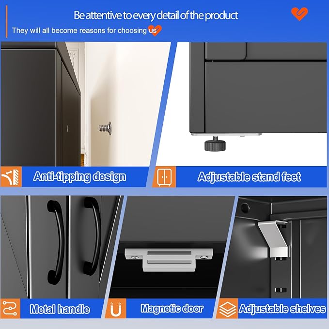 GAIOUS 63" Tall Metal Storage Cabinet Black Cupboard Kitchen Pantry Cabinet | with 2 Doors and 3 Adjustable Shelves,Steel Freestanding 4 Tier File Cabinet for Office Dining Bathroom Bedroom,Food Storage