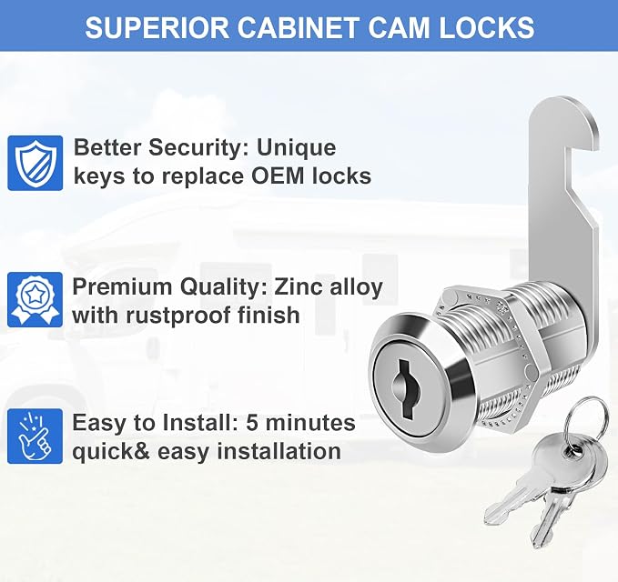 Cylinnda Cabinet Locks with Keys, 1-1/8" Cam Locks Keyed Alike, Quality Cabinet Cam Lock for RV Storage Locks Drawers Mailbox Toolbox Lock Replacement Set, Zinc Alloy (3 Pack, 1-1/8 Inch)