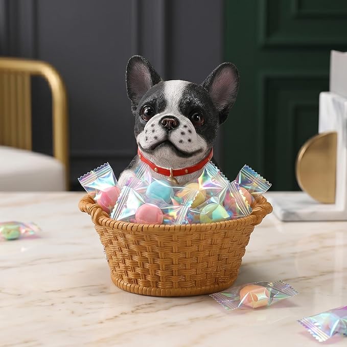 Cute French Bulldog Candy Bowl, Resin Dog Figurine Key Bowl for Entryway Table, Desktop Storage Basket Organizer for Desk, Unique Dog Lover Gift