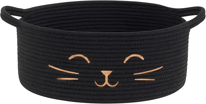Medium Woven Rope Cat Toy Basket with Cat Face, Black | 13.8" x 6" Cat Toy Storage Bin for Living Room & Nursery, Boho Gift Basket Empty with Sturdy Handles, Cozy Cats Bed