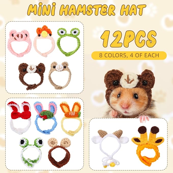 Miniinflat 12 Pcs Hamster Hat Guinea Pig Hat Small Pets Costume | For Guinea Pig Rabbit Bird Lizard Snake, Party Photo Props, Knitted Animal Designs Frog Bear Duck Crab Giraffe