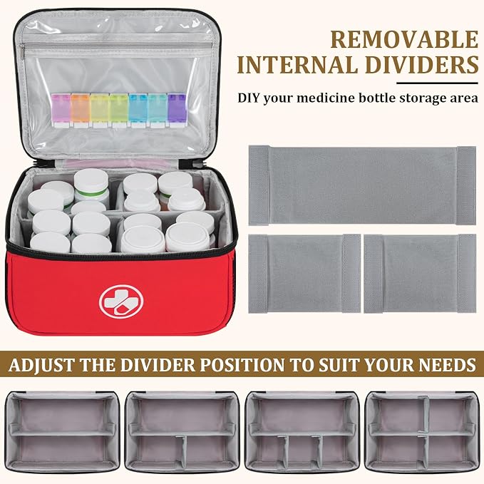 Dual Layers Medicine Organizer, Lockable Travel Pill Bag, Red | Adjustable dividers for neat pill organization. Durable zippers & portable design suit daily use, travel or first aid kit