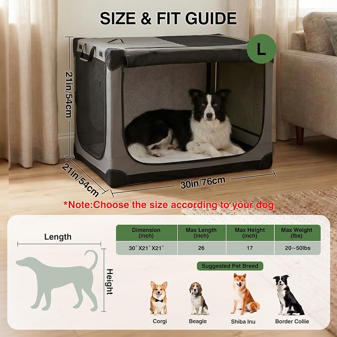 30 x 21 x 21 Inch Collapsible Soft Dog Crate for Dogs Up to 50 lbs, Portable Travel Pet Kennel with 4 Zip Doors, Foldable Indoor Outdoor Crate with Mat, Carry Bag, Grey