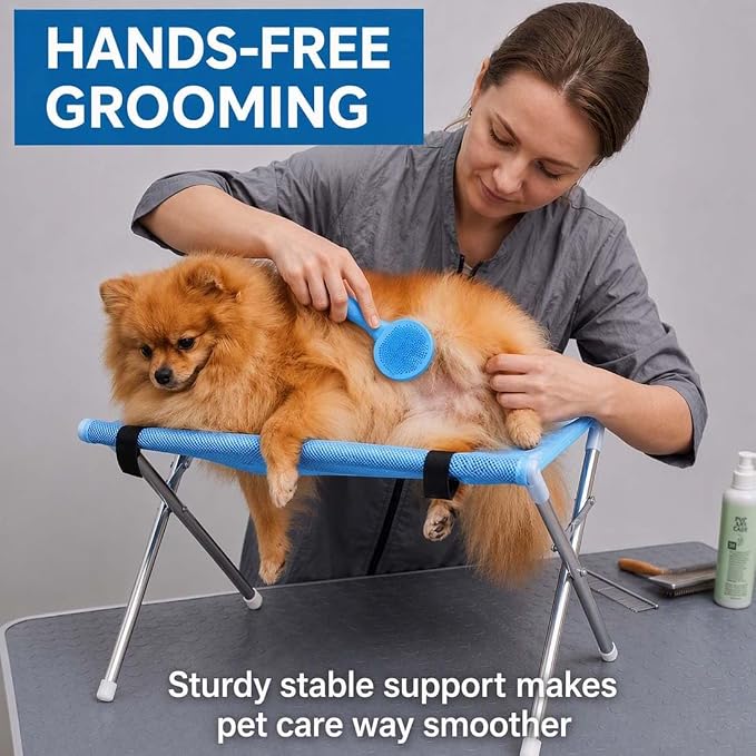 2-in-1 Foldable Pet Grooming Bed, Pet Bathing Stand, Portable Shower Station with Quick-Dry Mesh Sling, Home Nail Trimming Rack to Relieve Back Strain (B)