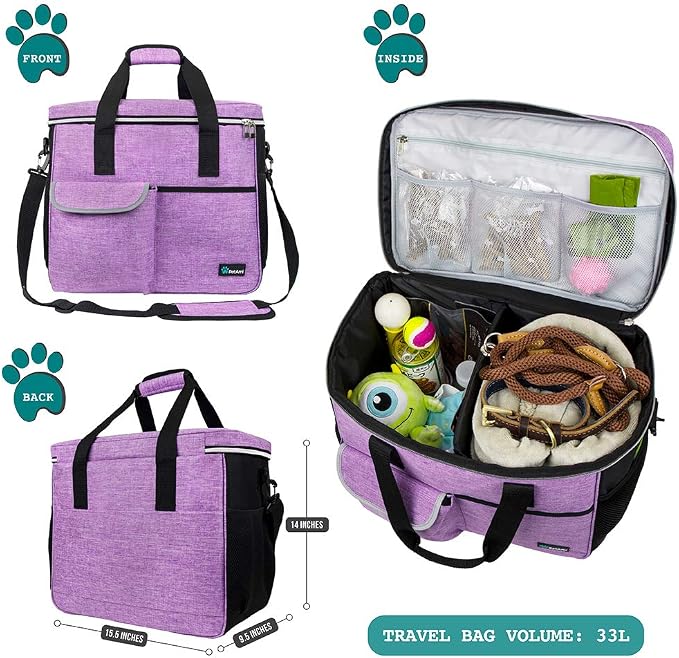 PetAmi Dog Travel Bag Organizer, Pet Supplies Tote Diaper Bag, Purple Large | Pet Travel Kit with 2 Food Containers & 2 Collapsible Dog Bowls, Luggage Sleeve, Weekend Getaway Road Trip Camping Essentials