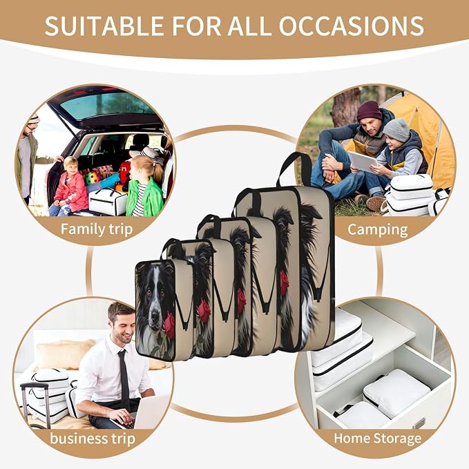 Border Collie & Rose Compression Packing Cubes Set Of 4, Lightweight Expandable Travel Organizer Bags With Double Zipper For Vacation Business