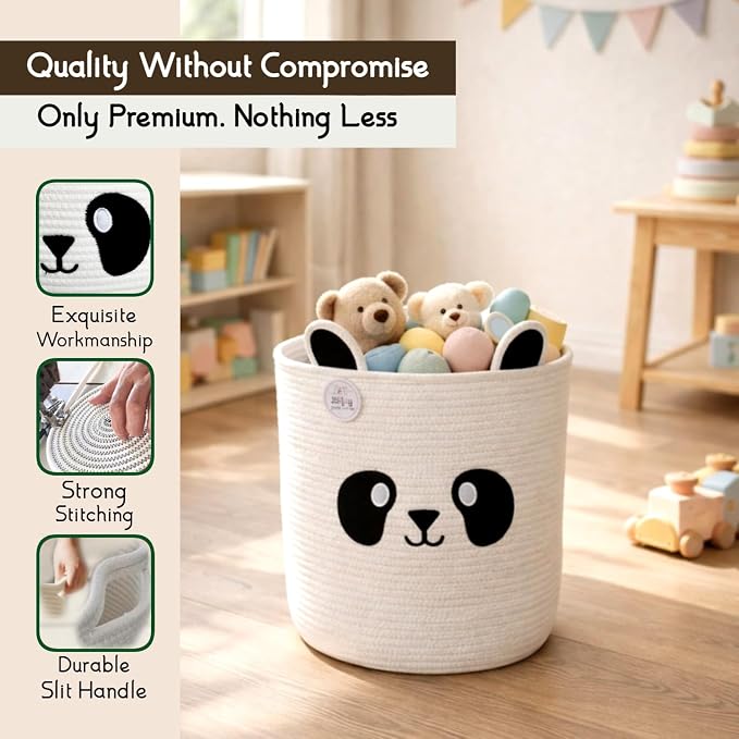 Storage Basket, 14” x 12” Woven Cotton Rope Bin with Panda Design, Cutout Handles, Foldable & Washable Decorative Home Storage Organizer for Laundry, Clothes & Household Items (Panda)