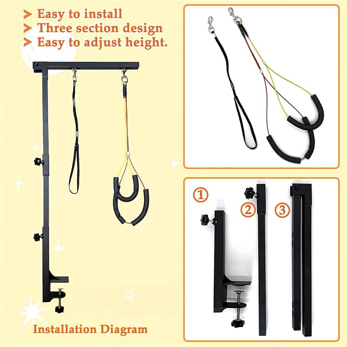 Dog Grooming Arm with Pet Grooming Hammock, 36” Dog Grooming Table Arm Height Adjustable Two No Sit Haunch Holder Three Section Design Suitable for Medium, Small Dogs, and Cats