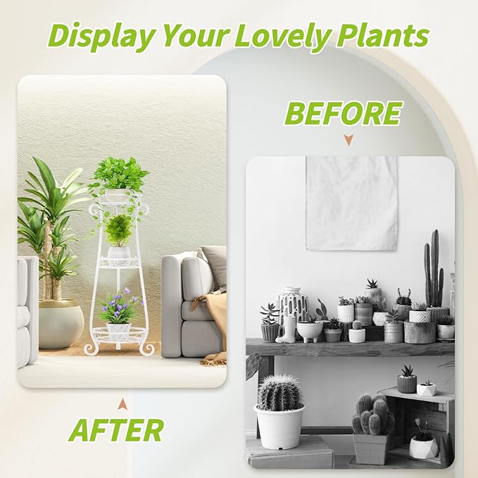 KMOTASUO 3 Tier Metal Plant Stand Tall for Indoor Outdoor Corner, White | Heavy Duty Flower Holder Rack, Modern Vertical Iron Shelf for Patio Bathroom Office Garden
