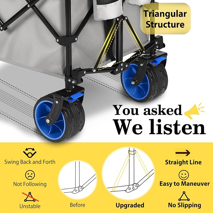 Sekey Extended Collapsible Foldable Wagon with 660lbs Weight Capacity, Heavy Duty Folding Utility Garden Cart with Big All-Terrain Beach Wheels & Drink Holders. Light Gray