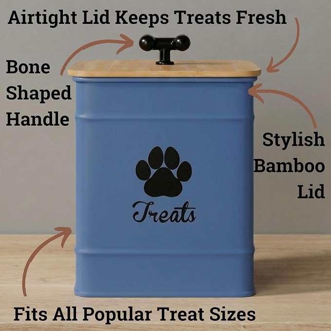Dog Treat Container Airtight, 6"W x 8"H, Powder Coated, 12 Cup Capacity | Fits All Popular Treats, 12 Cup Capacity, Airtight Bamboo Lid, Easy Open Lid, Dent-Resistant Durable Metal Bone-Shaped Handle
