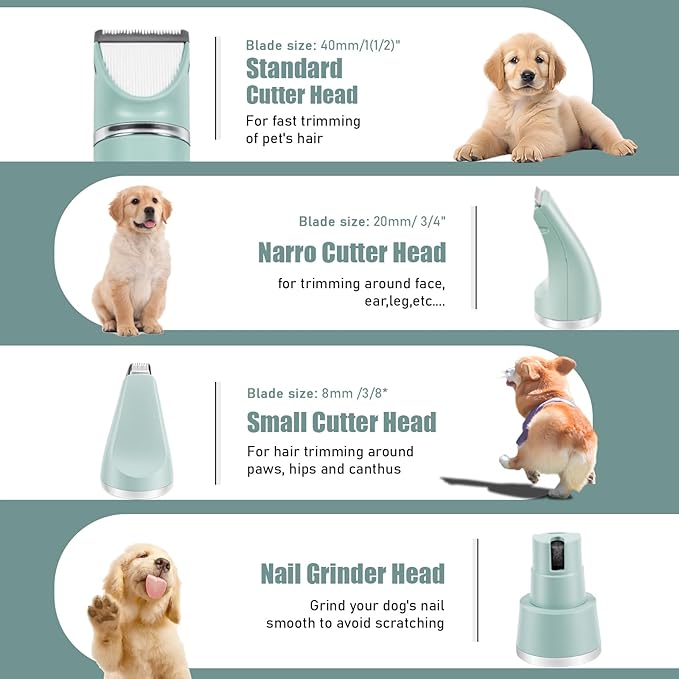 Dog Hair Clippers Grooming Kit and Paw Trimmer Nail Grinder Quiet,Dog Trimmer for Grooming,4-in-1 Rechargeable Cordless Low Noise Dog Shaver Grooming for Dogs Pets Cats(Green)