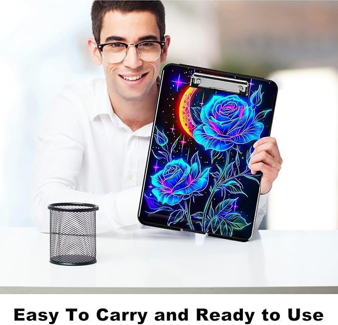 Blue Rose Moon A4 Clipboard with Storage Pen Holder, Clipboards Organizer Nursing Clipboard Foldable File Folder Plastic Clipboard Folio Clip Board for Office Students Classroom Doctor