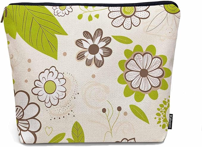 Floral Green Makeup Organizer Bag Cosmetic Bag For Men Women, Blossom Flower Orchard Flower Leaves Travel Toiletry Bag Flax Makeup Bags Purse Business Makeup Pouch For Toiletries Cosmetics