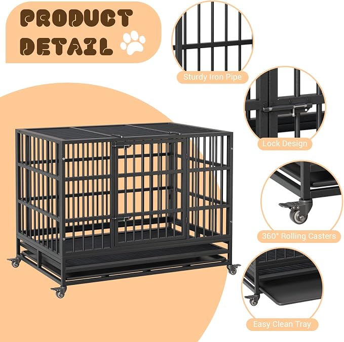 GarveeLife 42inch Heavy Duty Dog Crate, Foldable Indoor Dog Cage with Double Door, 360° Lockable Wheels and Removable Tray, Easy to Clean and Assembly，for Small Medium Dogs