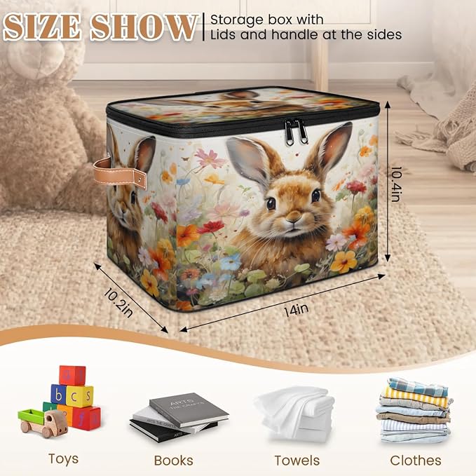 Pardick Storage Bin Easter Bunny Rabbit Storage Basket with Zipper Lid & Handle Foldable Storage Box Cube Bins Clothes Organizer for Closet, Bedroom