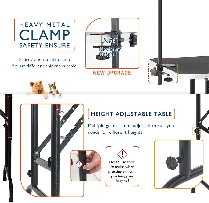 LEIBOU 45'' Height Adjustable(23''~33.8'') and Foldable Pet Dog Grooming Table Heavy Duty Iron Frame with H-Shape Grooming Arm & Noose, Maximum Capacity Up to 260lbs, Black