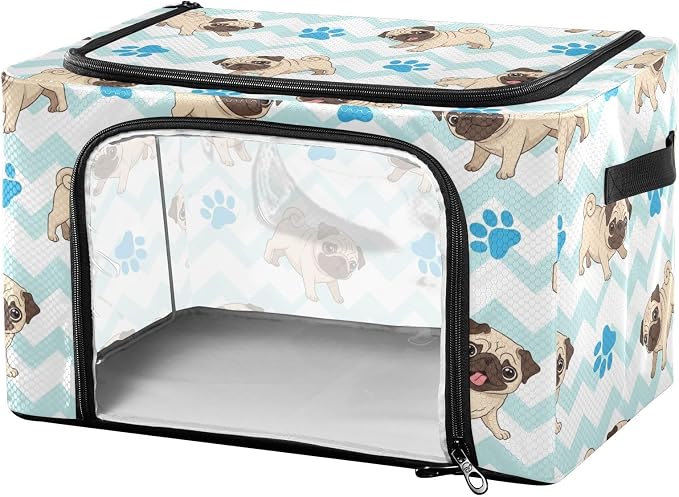 Cute Pets Pugs White pattern Under Bed Storage Containers with Double Zipper Openings, Foldable Clothes Storage Bins with Clear Window and Handles for Comforters Blankets Bedding