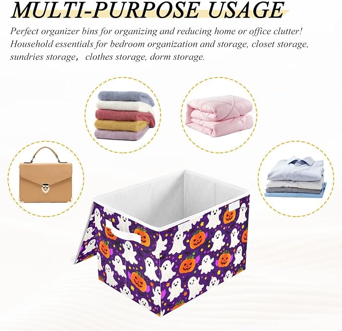 Halloween Pumpkin Storage Bins with Lids Closet Bedroom 40L Storage Basket | Decorative Storage Boxes, Foldable & Stackable, Dust-Proof Flip Top, Reinforced Handles, For Home & Dorm, Clothes & Toy Box