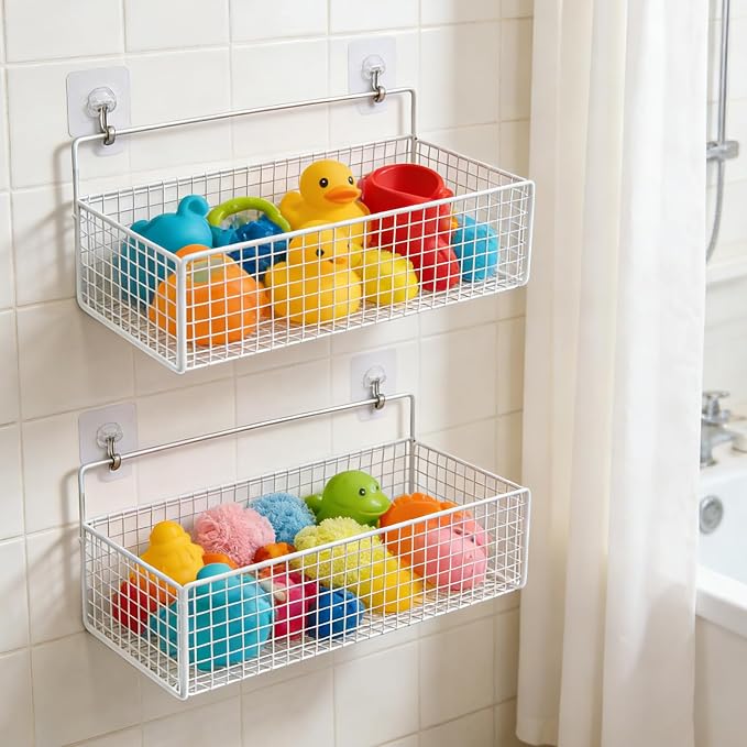 Bath Toy Storage, 2 Pack Metal Mesh Bath Toys Organizer for Bathtub Wall & Shower, Large Capacity Shower Toys Holder with Rustproof Hanging Basket Design for Restroom, Toilet, Bathroom, Kitchen-White